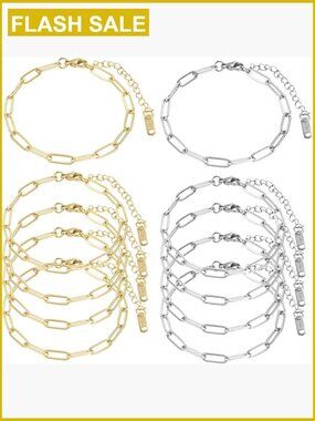 10 Pcs 18K Gold Charm Bracelet Kit, 6.31 Inch Paperclip Chain for Jewelry